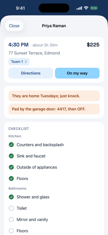 A visit with its room checklist
