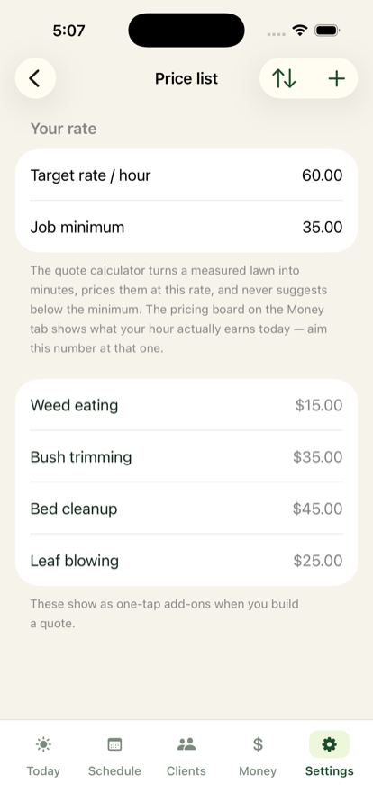 Price list settings