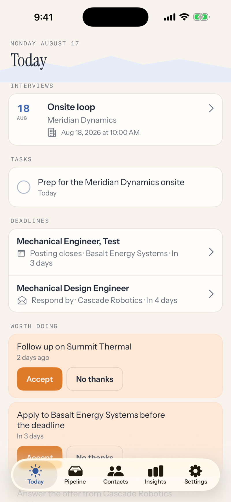 The Today screen with interviews, tasks, deadlines, and suggestions