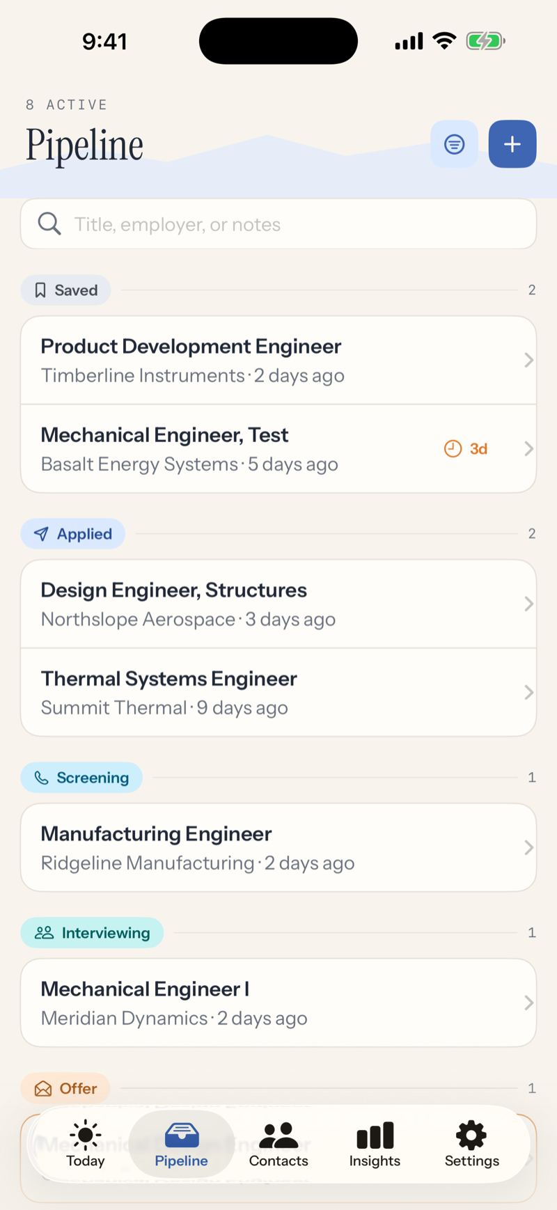 The Pipeline screen with applications grouped by status