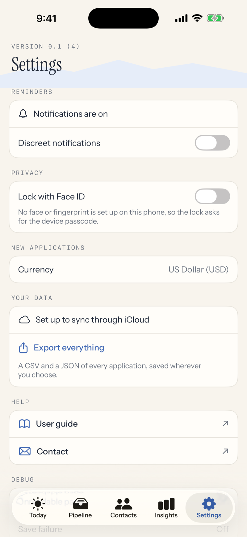 The Settings screen